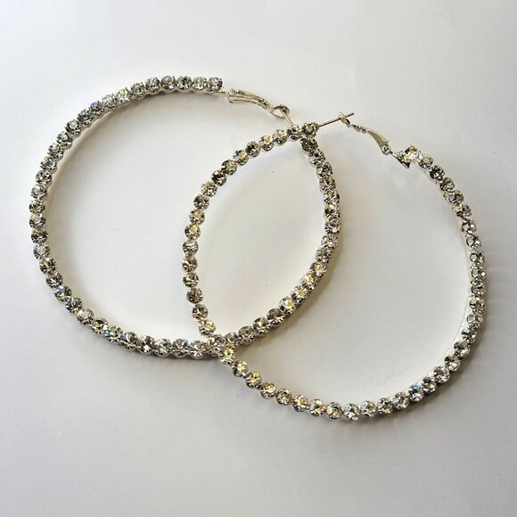 Silvertone Hoops with encrusted crystals Silver tone Statement Big Hoops - Picture 5 of 6